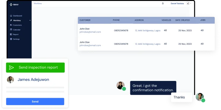 A customers table with phone, address, vehicles and jobs, next to a Send inspection report panel and a short chat with a customer. Sample data.