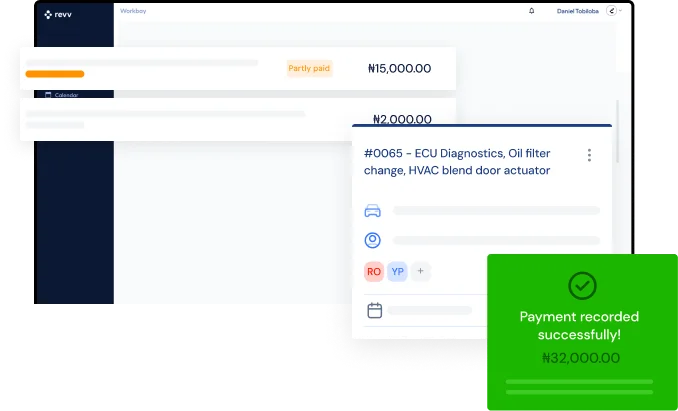 A work order marked Partly paid, with a green message saying Payment recorded successfully for ₦32,000.00. Sample data.