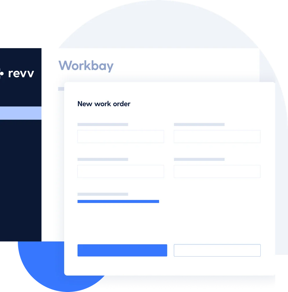 A New work order form with two columns of fields, an upload bar and two buttons, laid over the Workbay screen.